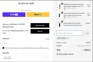 Testing Code entering at check out of Allies of Skin